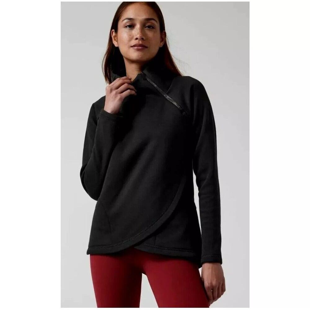 Athleta Cozy Karma Asym Pullover Sweatshirt Women's Black Fleece Lined Sz Medium
